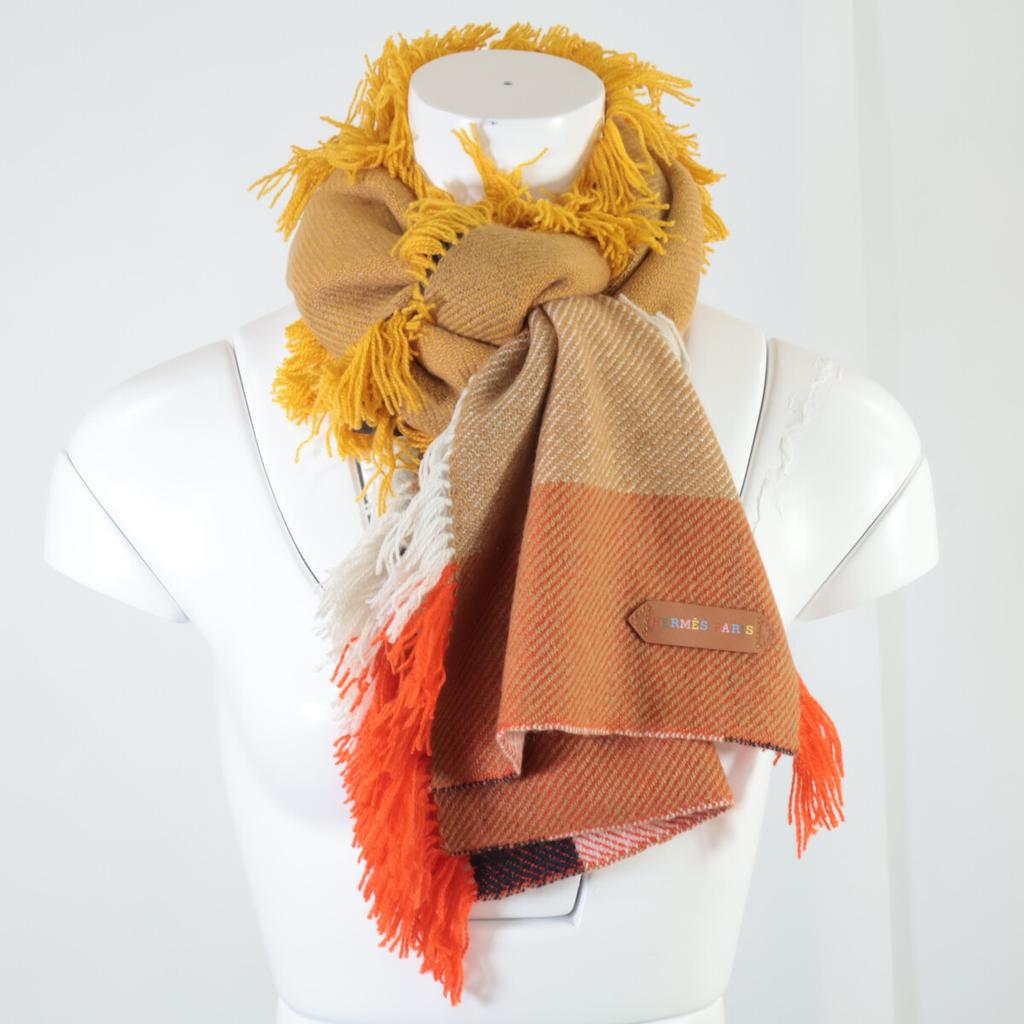 Hermes [Good Condition] Cashmere Fringe Scarf Jaune Soleil/Beige/EcruUsed