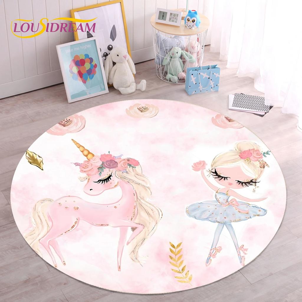Милый ковер с балериной, феей, единорогом, мультяшный, круглый, для гостиной, спальни, детской комнаты, декор, коврик для питомцев, нескользящий