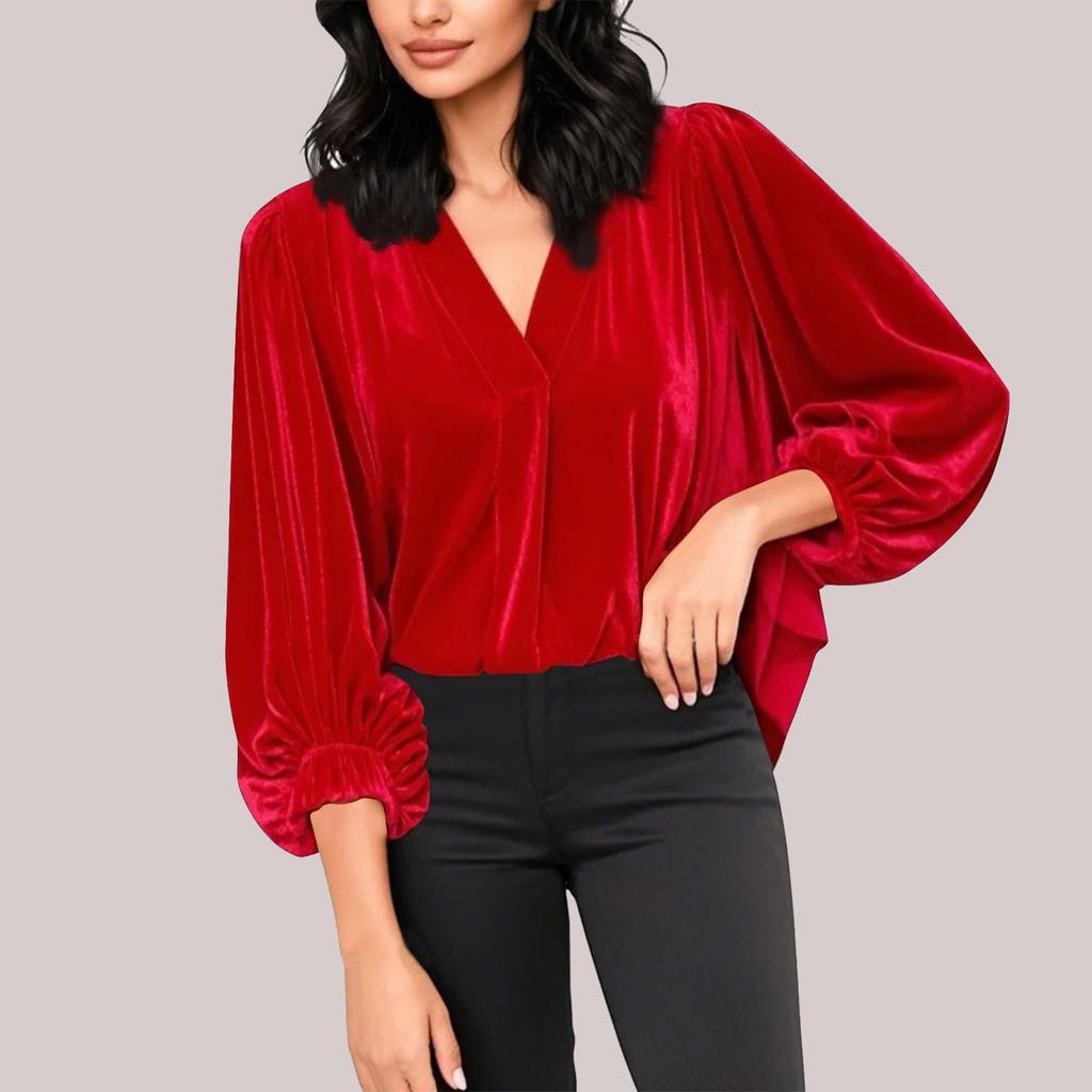 Женские бархатные топы с V-образным вырезом и рукавами-фонариками 3/4, модные нарядные повседневные свободные рубашки для рождественской вечеринки и праздника