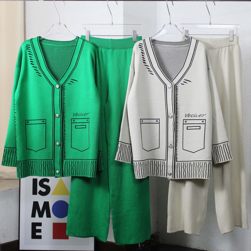 Женский осенне-зимний комплект из двух предметов, трикотажные брюки с принтом, женская уличная одежда, кардиган с длинными рукавами и v-образным вырезом + широкие брюки