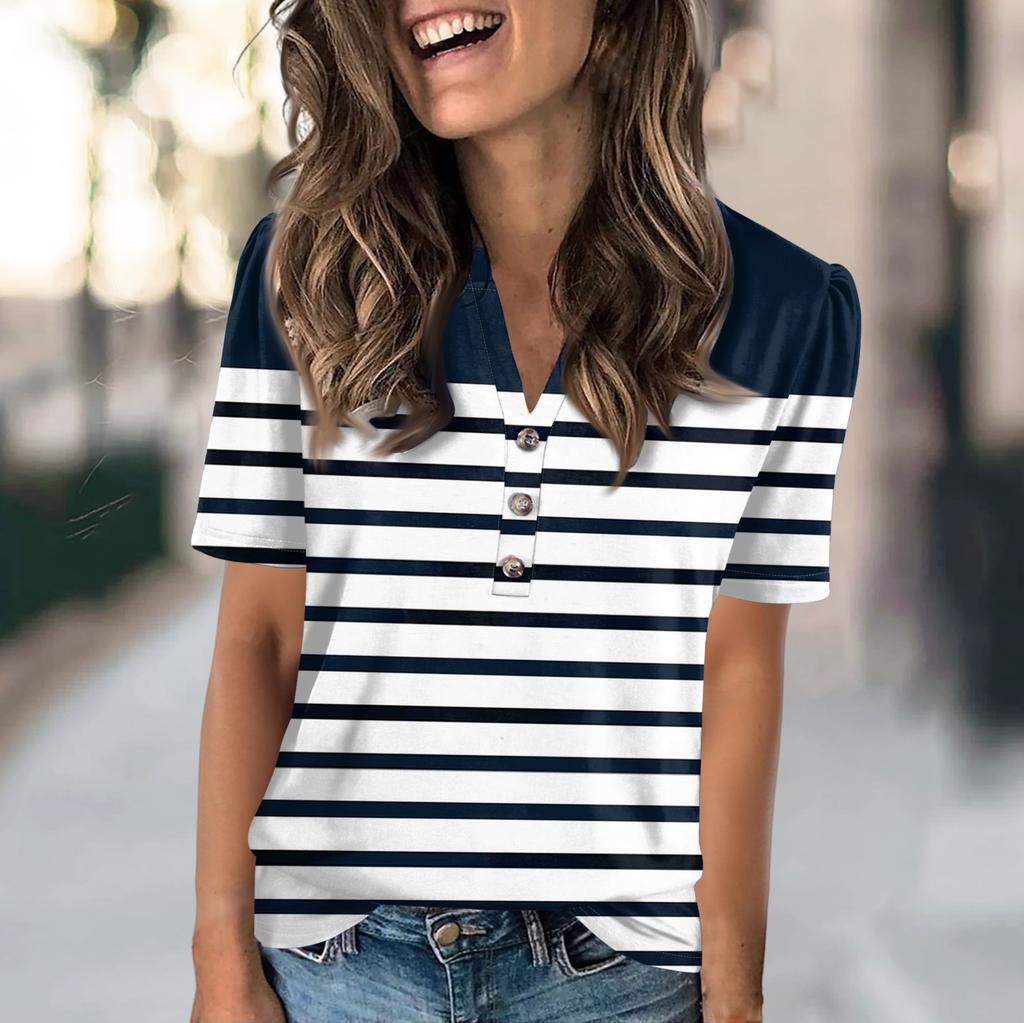 Женская модная повседневная футболка с полосатым принтом и V-образным вырезом, коротким рукавом, на пуговицах