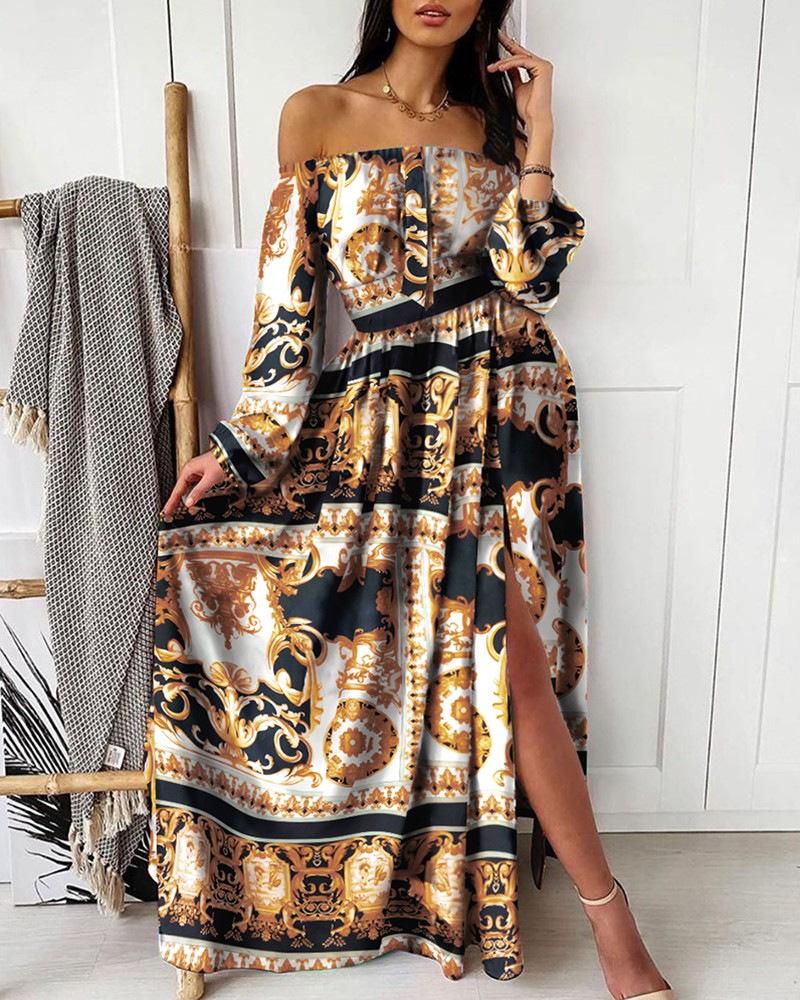 2025 V-Neck Retro Long Sleeve Printed Evening Dress - Spring/Summer Collection