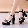 Sandals for Women One Word Summer Super-high Block Heel Beige Chunky Ladies Shoes Wedge with Platform Waterproof Footwear