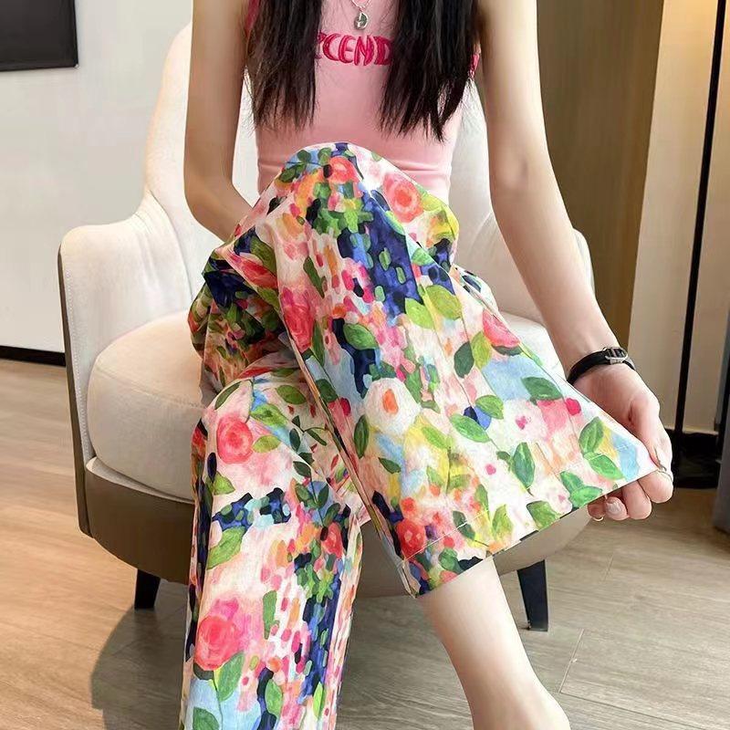 Summer Flower Trousers High-waisted Wide-legged Trousers Loose Straight Nine-minute Tide Seashore Mosquito-proof Leisure Beach Pants