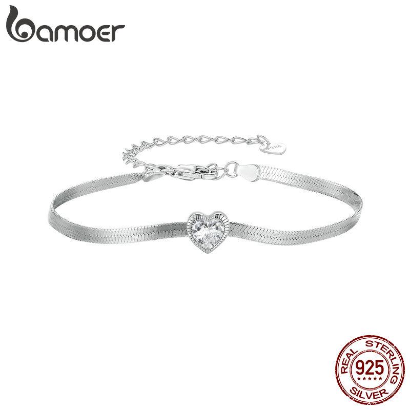 BAMOER 925 Sterling Silver Punk Herringbone Snake Chain Bracelet Heart Blade Chain Link Platinum Plated for Women Fine Jewelry