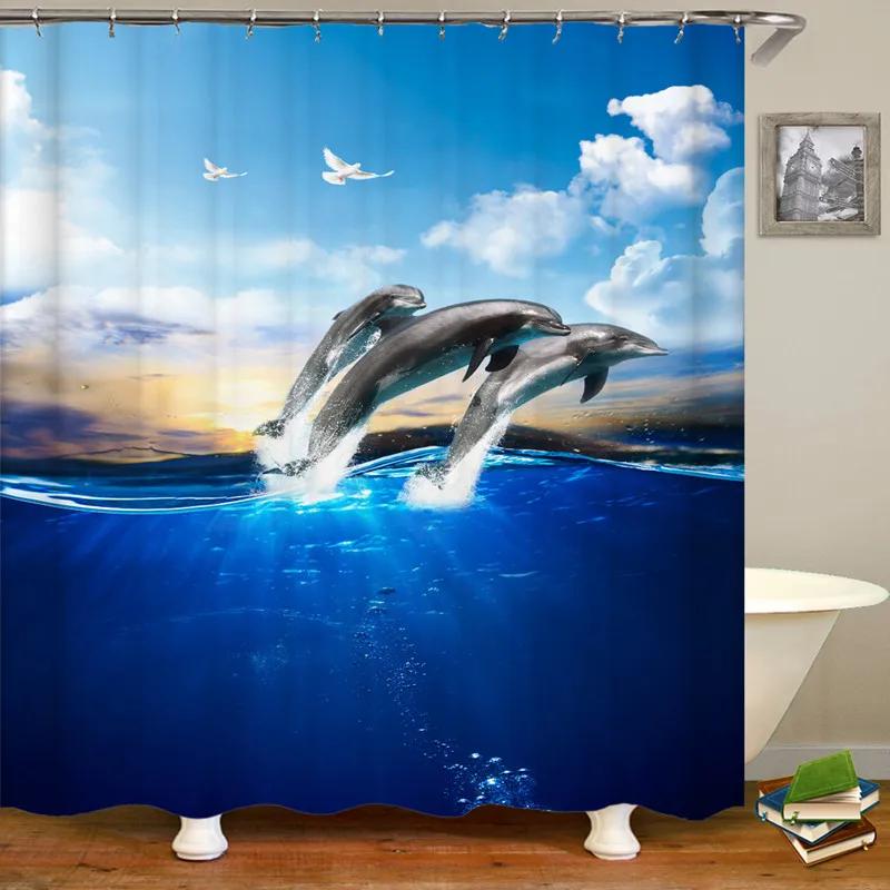 Подкладка для шторки для душа Ocean, Шторка для душа на морскую тематику с 12 крючками, Моющаяся водонепроницаемая шторка для душа с дельфинами для декора ванной комнаты