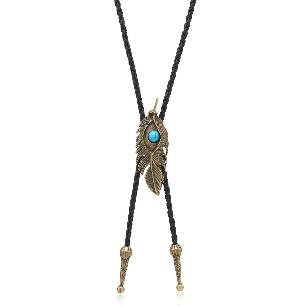 PU Woven Turquoise Feather Necklace Boho Bronze Butterfly Choker Five-pointed Star Bolo Tie  Men