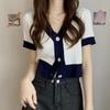Женский трикотажный топ с коротким рукавом и V-образным вырезом в стиле ретро - Лето 2022, Корейский стиль, Свободный крой, Модный дизайн