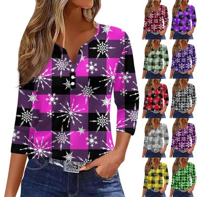 Женский повседневный модный топ с V-образным вырезом, свободного кроя, универсальный, с рождественским принтом, рукав три четверти