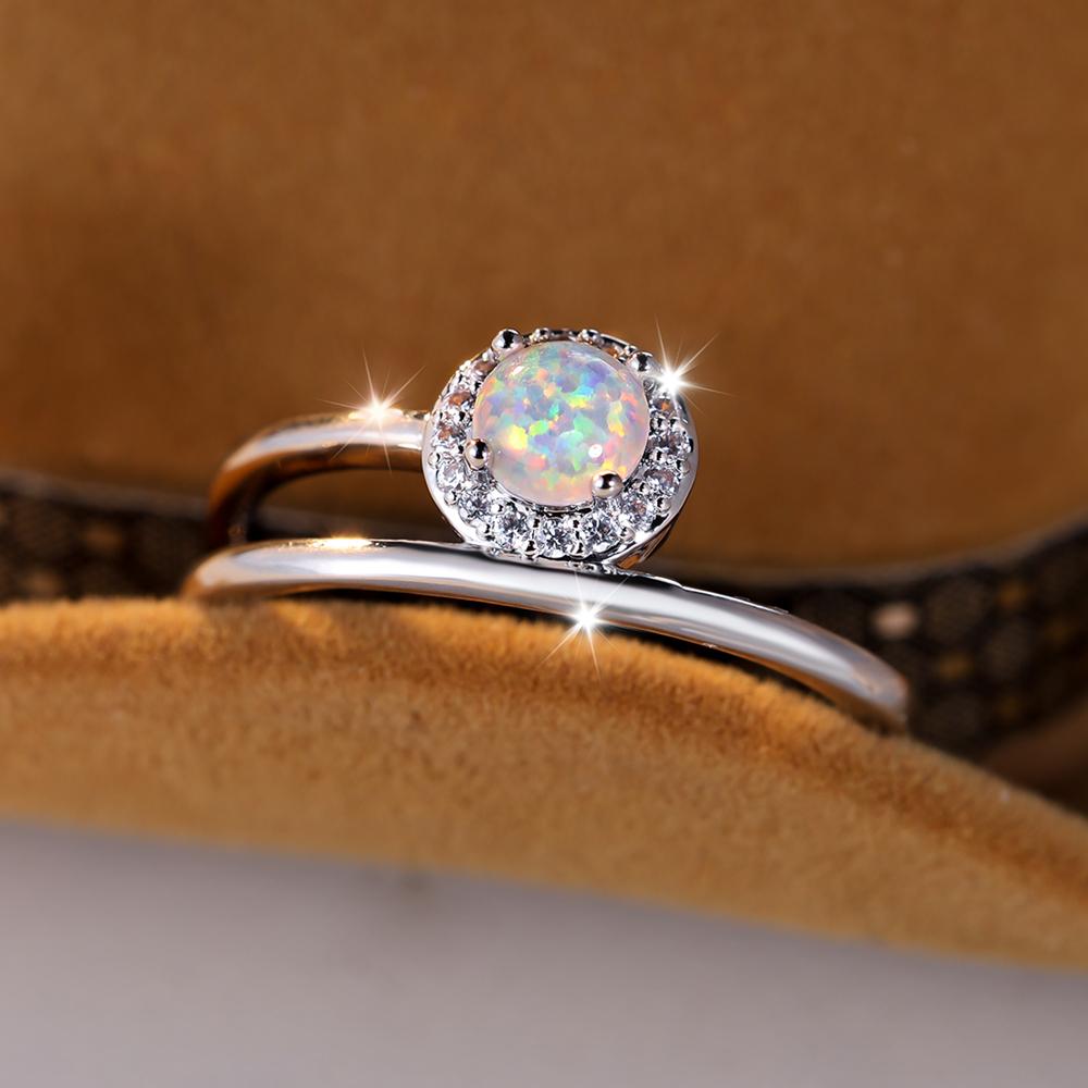 White Fire Opal Rings for Women Silver Color Round Birthstone Wedding Bands Zircon Index Finger Jewelry Gift