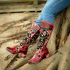 Genuine Leather Women Shoes Fashion Printed Colorful Spliced Lace Up Thick Heel Mid-calf Boots