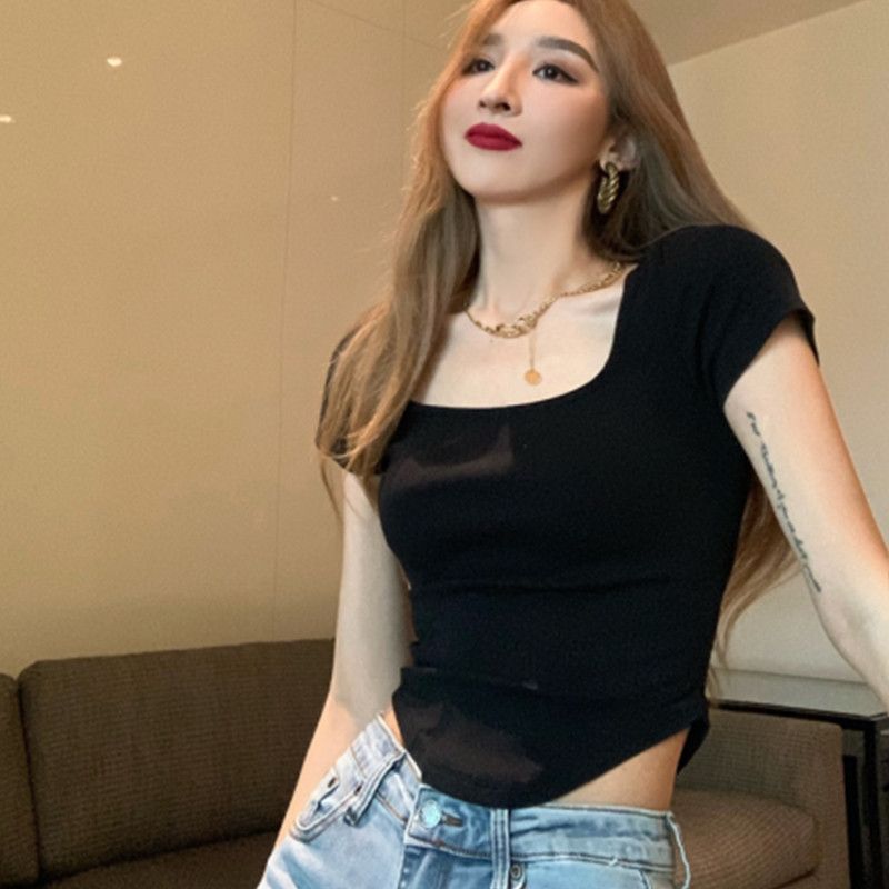Summer new T-shirt women's square collar curved hem short sleeve Korean version solid color slim fit Spice girl short top women