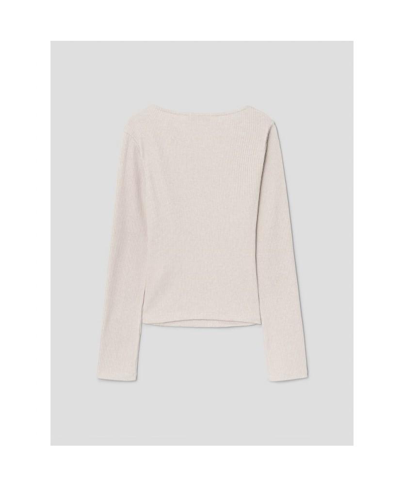 8SECONDS Ribbed Cut-Out Long Sleeve T-Shirt Beige