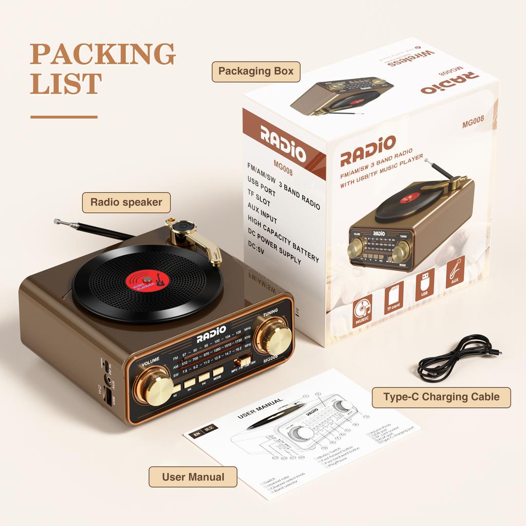 Ретро Bluetooth-колонка Радиоприемник в стиле проигрывателя винила, Портативное FM/AM/SW и беспроводная потоковая передача, Уникальный винтажный декор для дома и идея подарка
