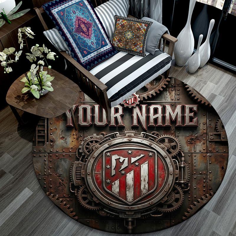 Custom Name,Atlético Madrid pattern round rug,Carpet Rug for Living Room Bedroom Playroom ,Non-slip Floor Mat,Holiday Gifts and Birthday Gifts.