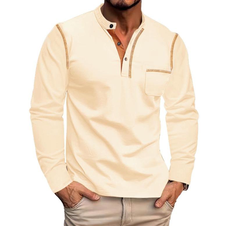 Fashion European and American fashion spring and summer men's long-sleeved stand-up collar Henry shirt, solid color business leisure sports long-sleev