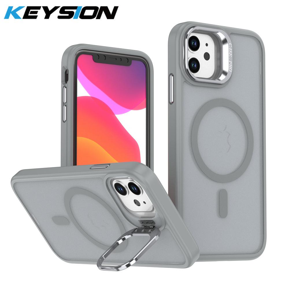 KEYSION Lens Stand Magnetic Phone Case for MagSafe for iPhone 11 12 Pro Max 11 Pro Matte Translucent Shockproof Back Cover