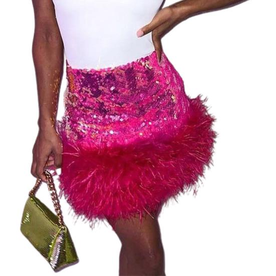 Женская мини-юбка с высокой талией, блестящие пайетки, меховой подол, короткая юбка, однотонная, приподнимающая бедра, сексуальная юбка для клуба