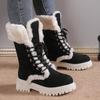 Women's Chunky Heel Platform Snow Boots Winter Warm Faux Fur Lined Slip On Mid-Calf Boots for Women Fleece Lined Faux Suede Lace-Up Round Toe Booties