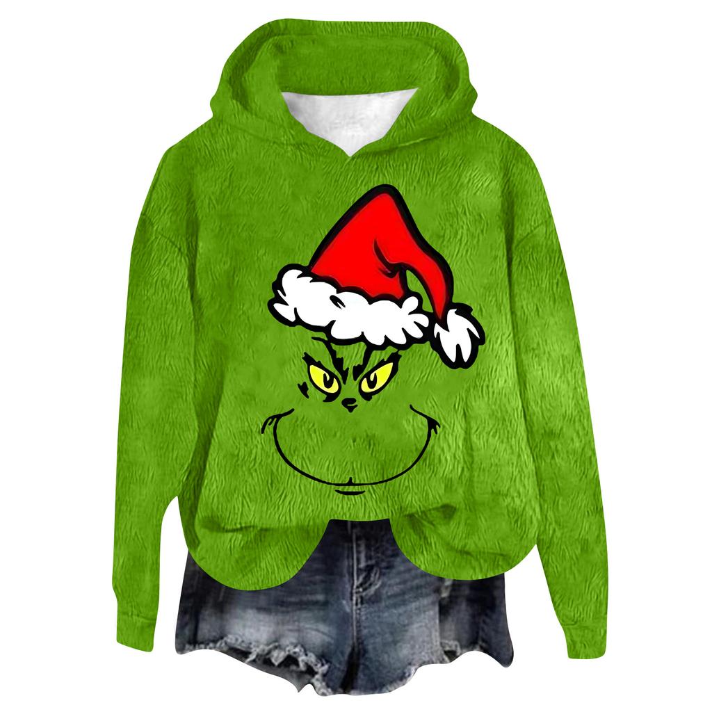 Women's Hooded Long Sleeve Christmas Printed Flannel Top Hooded Sweatshirt