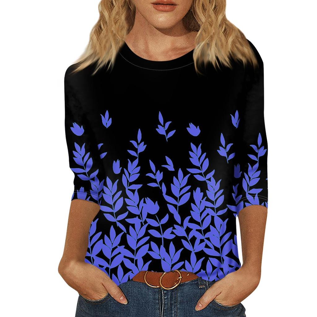 Women's Summer Fashion Casual Seven Quarter Sleeves Floral Printed Round Collar High Quality Pullover Top Female Clothes