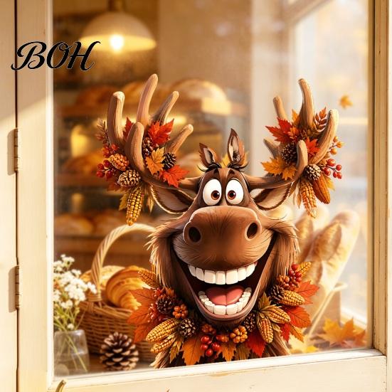 Decorative PVC Window Film Thanksgiving Sticker, Static Cling Fall Decal, Removable Autumn Decals Cute Animal Sticker for Holiday Decoration
