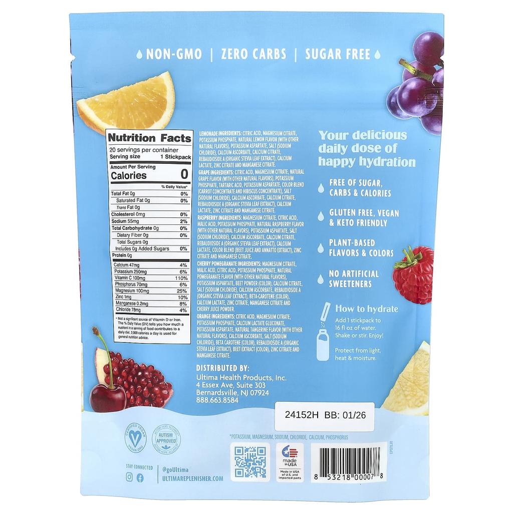 Ultima Replenisher 6 основных электролитов, ежедневная смесь электролитов, разнообразная упаковка, 20 упаковок-стиков