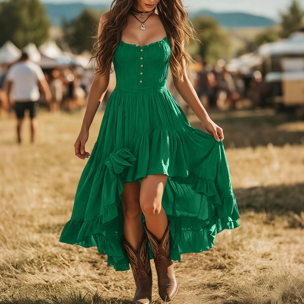 Women's Vintage Elegant Strapless Dress with Smocked Bust , Cinched Waist and Irregular Ruffle Hem