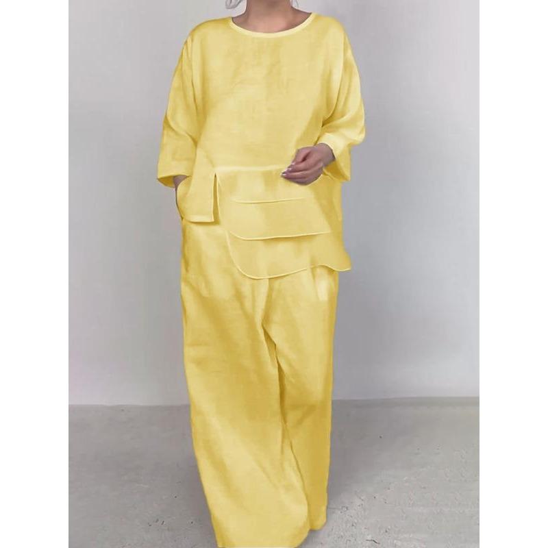 Женский весенне-летний однотонный свободный костюм для офиса, удобный свободный комплект из 2 предметов: футболка с круглым вырезом и брюки