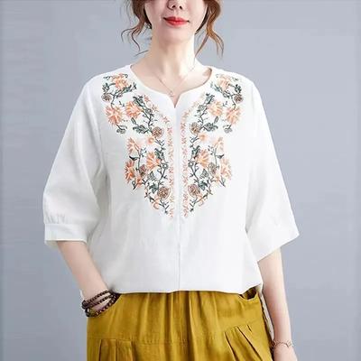 Рубашка с вышивкой и V-образным вырезом, рукав пять точек, женская ретро литературная хлопковая и льняная блузка в стиле вестерн