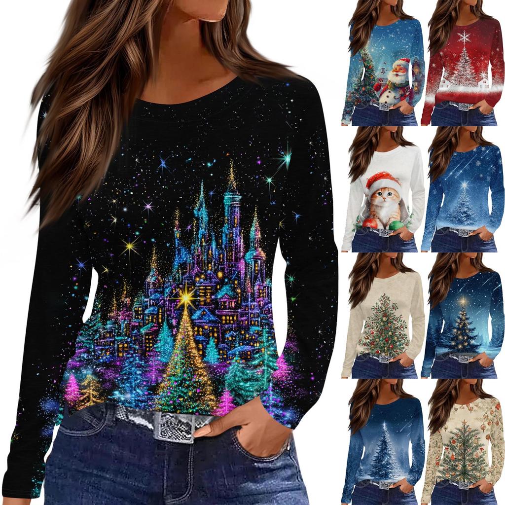 Women's Fashion Casual Slit Hem Round Neck Long Sleeve Loose Christmas Printed T-Shirt Ladies Top