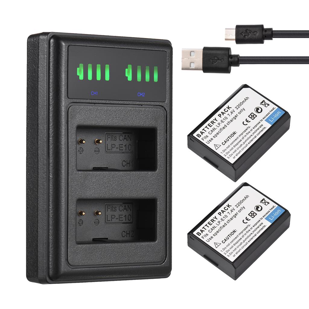 LP-E10 Battery Charger 2-slot with LED Indicators 2pcs LP-E10 Batteries 7.4V 2200mAh with USB