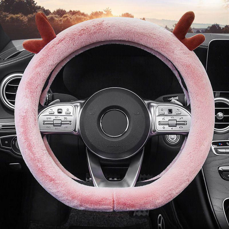 Car Accessories Winter Warmth Steering Wheel Cover Christmas Gift Cute Antlers Steering Wheel Protections Cover Plush Anti-Slip