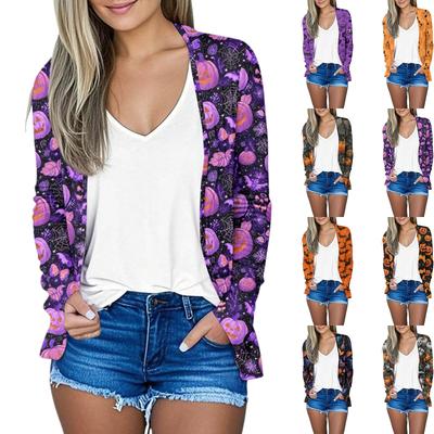 Женский свободный удобный повседневный модный кардиган с длинным рукавом и принтом на Хэллоуин