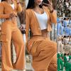 Women's Fashion Spring Autumn Solid Color Print Long Sleeve V-Neck Trousers Pants Suits Casual Suit