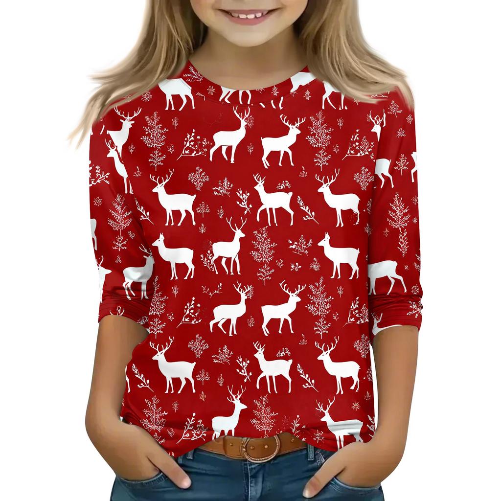 Children's 3/4 Sleeve Tops Casual Christmas Print T Shirt Round Neck Pullover Blouse