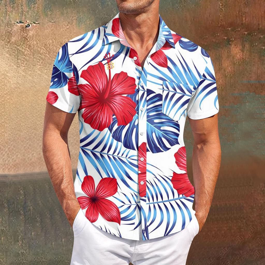 Men's Vintage Button Down Bowling Shirts Short Sleeve Summer Beach Shirt