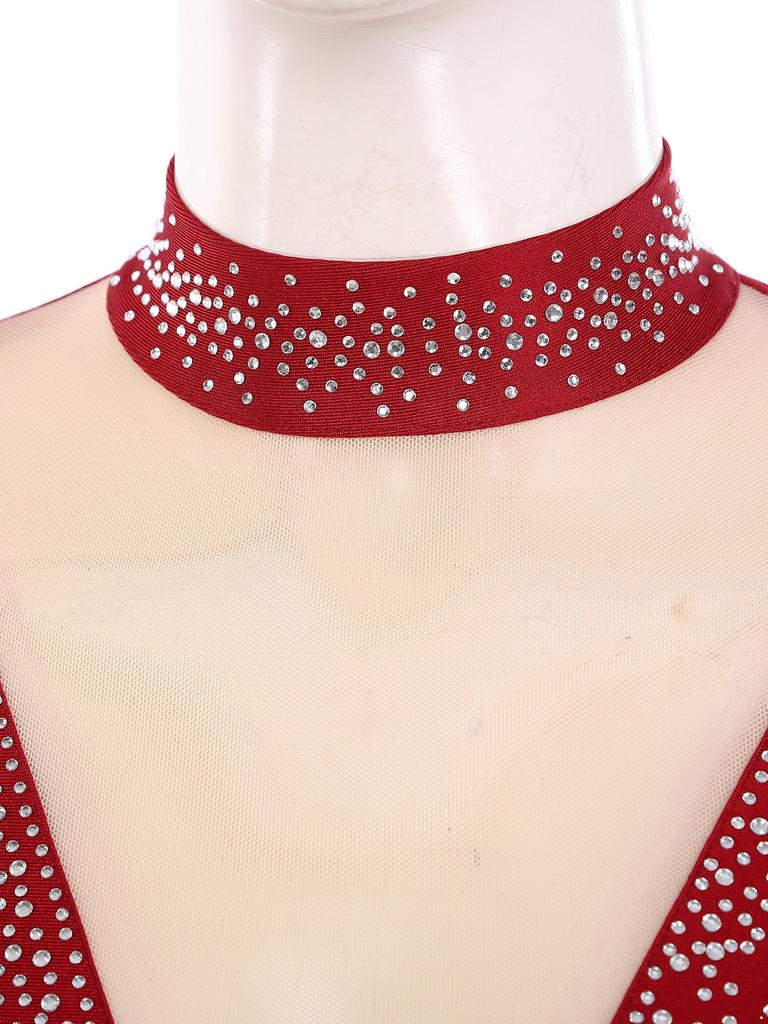 Women's Latin Dance Dress S-XXL - Shiny Rhinestones Mock Neck Long Sleeve with Tassels & Irregular Hem Stage Costume