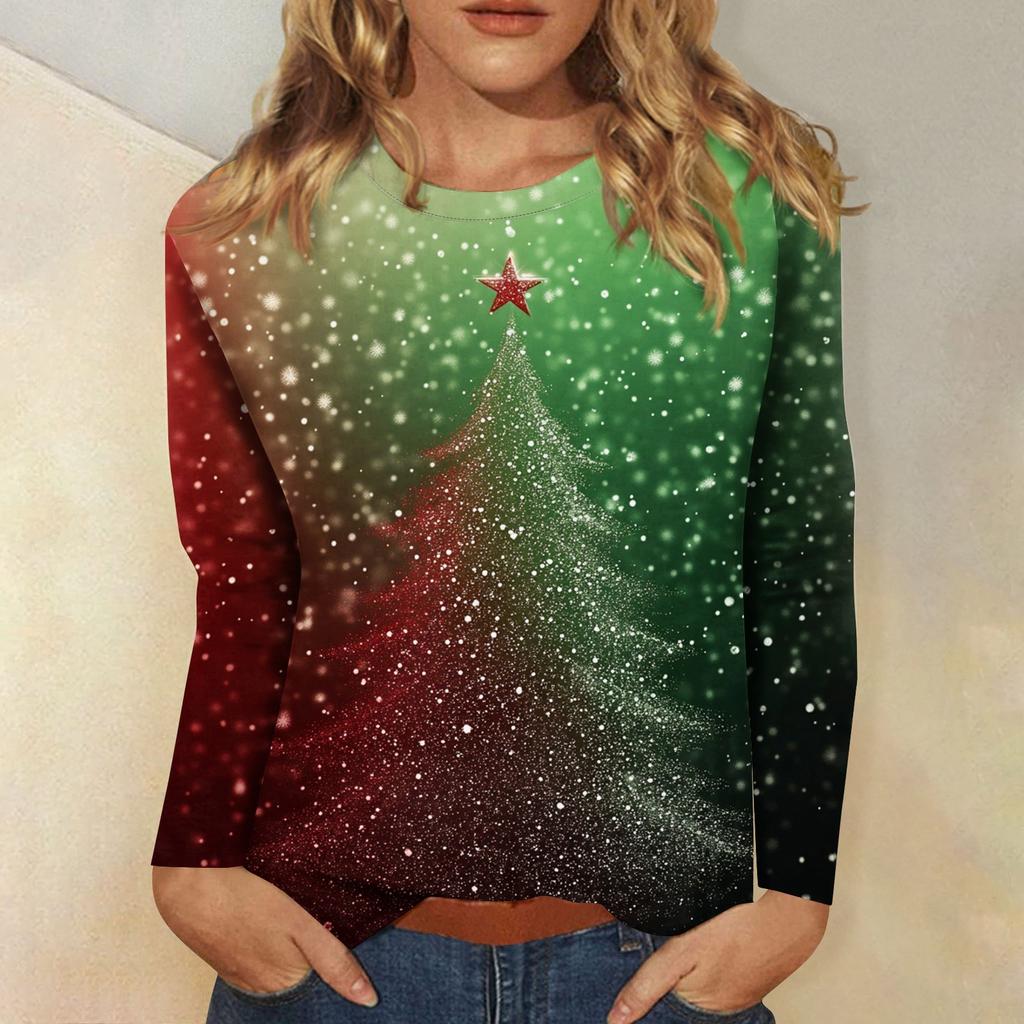 Рубашки с длинным рукавом для женщин Милые принты Футболки Блузки Повседневные Большие размеры Базовые топы Пуловеры Рождественские