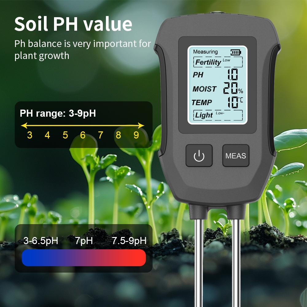 Dual-needle Soil Tester 3/5 in 1 Soil PH Meter Multifunctional Fertility/Moisture/PH/Temp/Sunlight Detector with Backlight