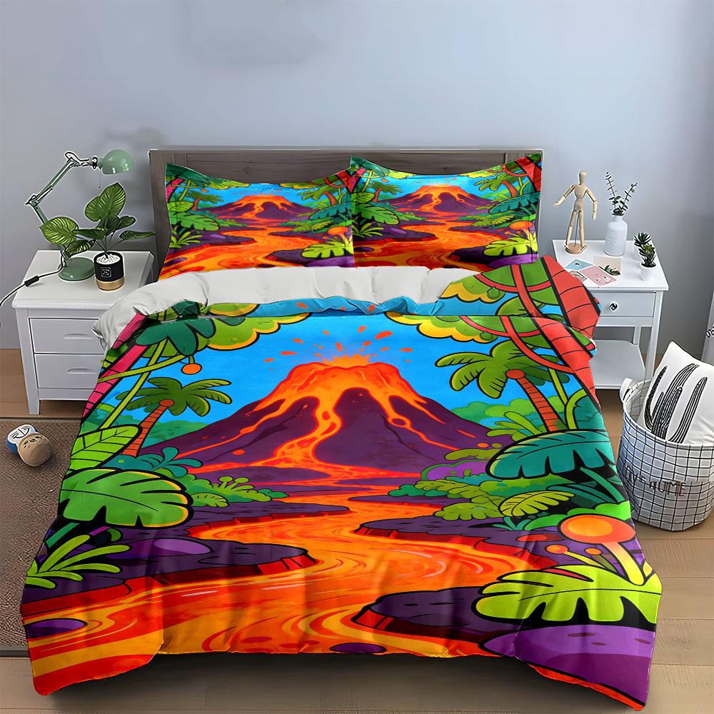 Volcano with tropical plants. Bedding sets Duvet cover sets Duvet covers Pillowcases(1 * Duvet Cover 2 * Pillowcases without duvet insert)