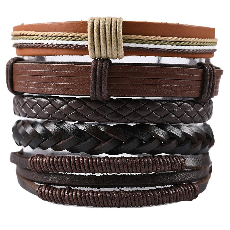 Retro Men's 5-Piece Adjustable Cross-Woven Leather Bracelet Set - National Style