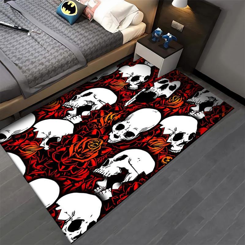 Skull and Rose Pattern Carpet, Red and Black Gothic Home Decor Rug Suitable for use as an anti-slip for living room bedroom sofas