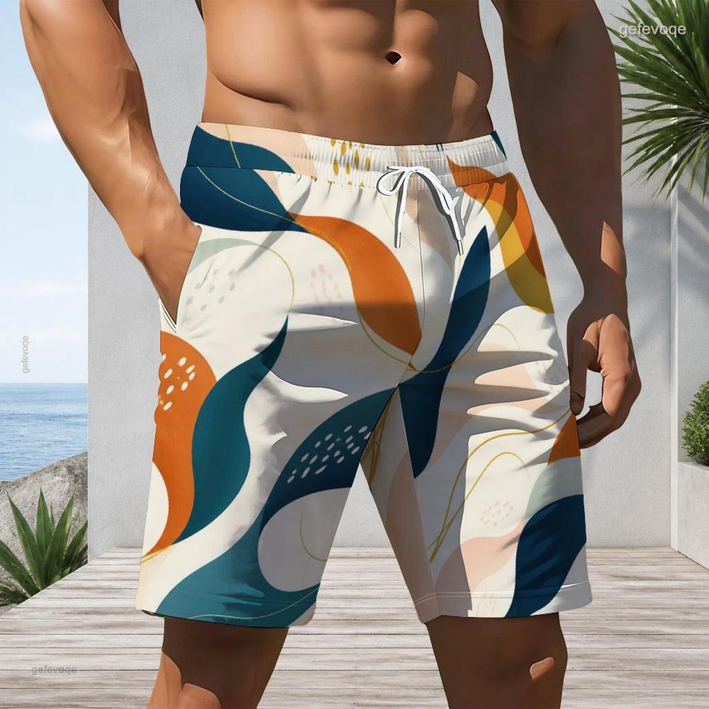 Men Plus Size Colorful Printed Beach Shorts Drawstring Waist Side Pockets Straight Leg