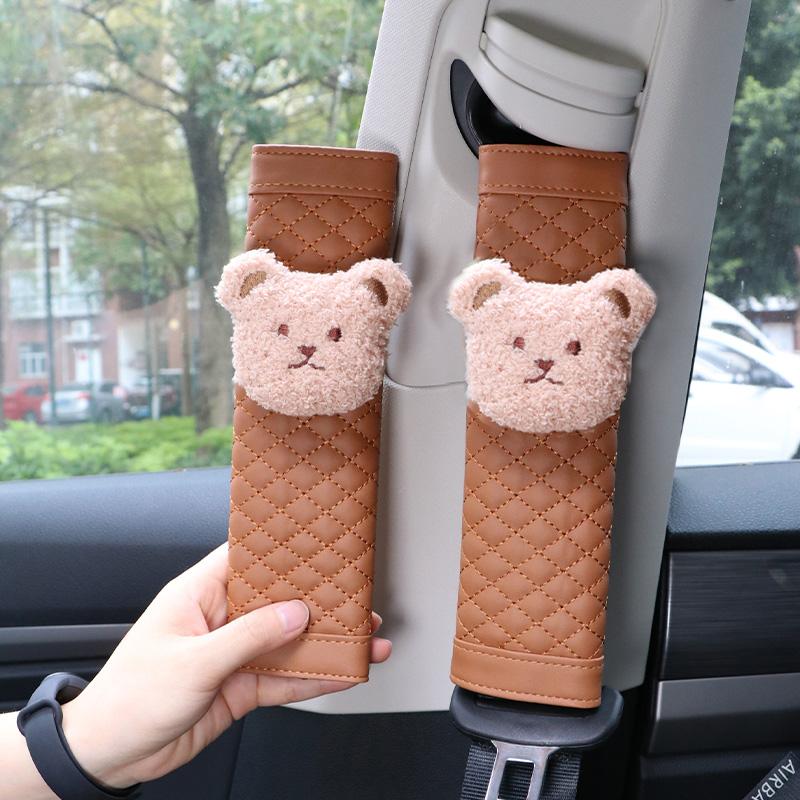 1pc Cute Cartoon Bear Car Seatbelt Cover Leather Seat Belt Harness Cushion Auto Shoulder Strap Protector Pad for Children Kids