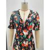 Summer Women's Printed Short Sleeve Dress V-Neck Waist Slim Loose Swing Long Dresses