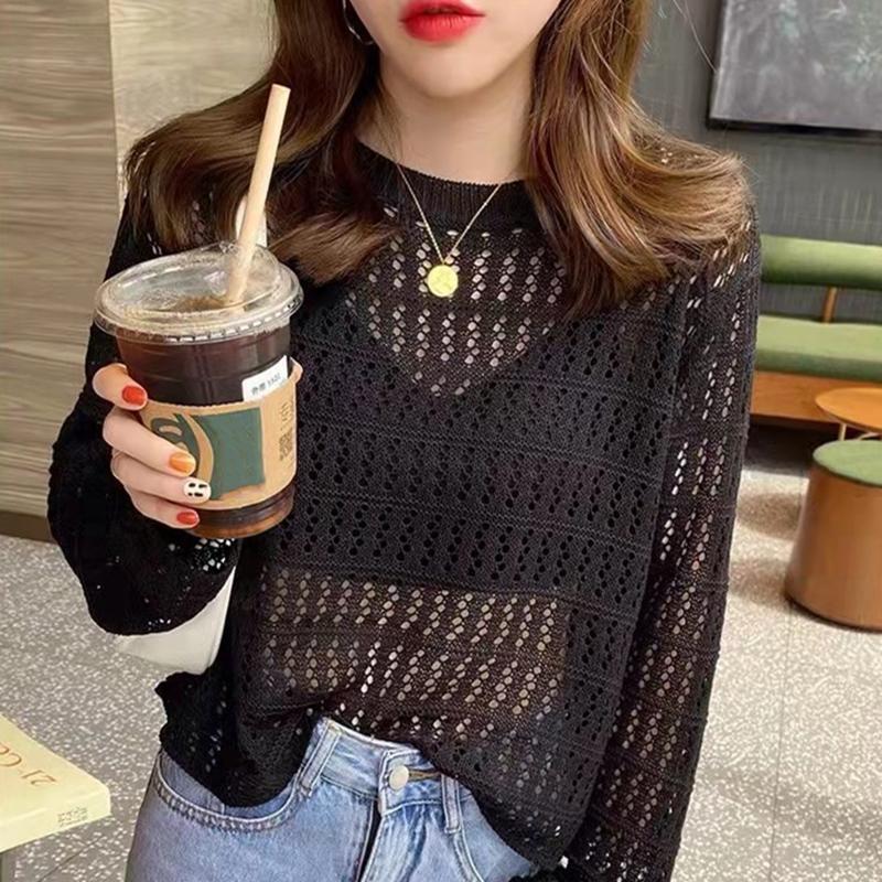 Vintage Loose Smock Tops Autumn All-match Casual Geometic Hollow Out Outfits Y2K See-though Knit Shirts Sweater Pullover