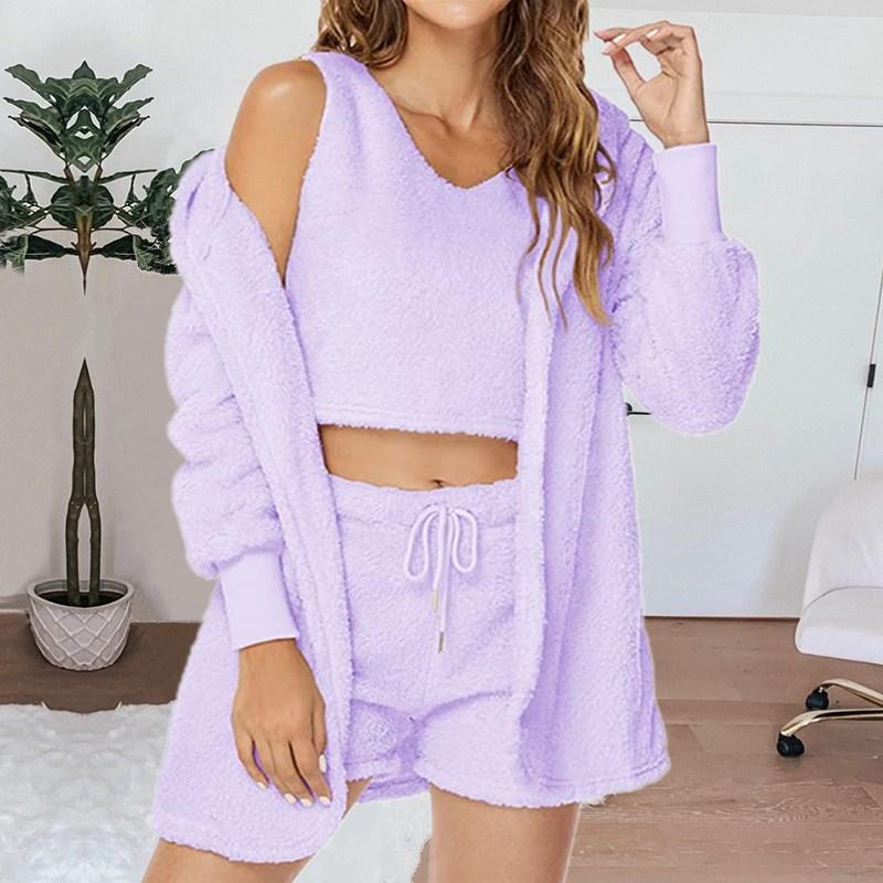 Home Wear Long Sleeved Plush Casual Three Piece Set Jacket Vest Shorts Sports Suit