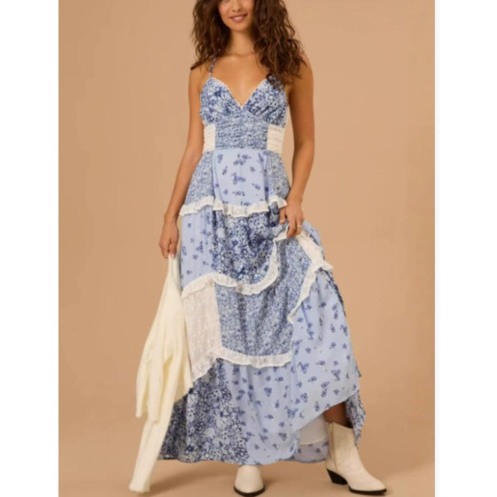 Women'S Sleeveless Suspender Digital Printing Long Dress Splicing Skirt