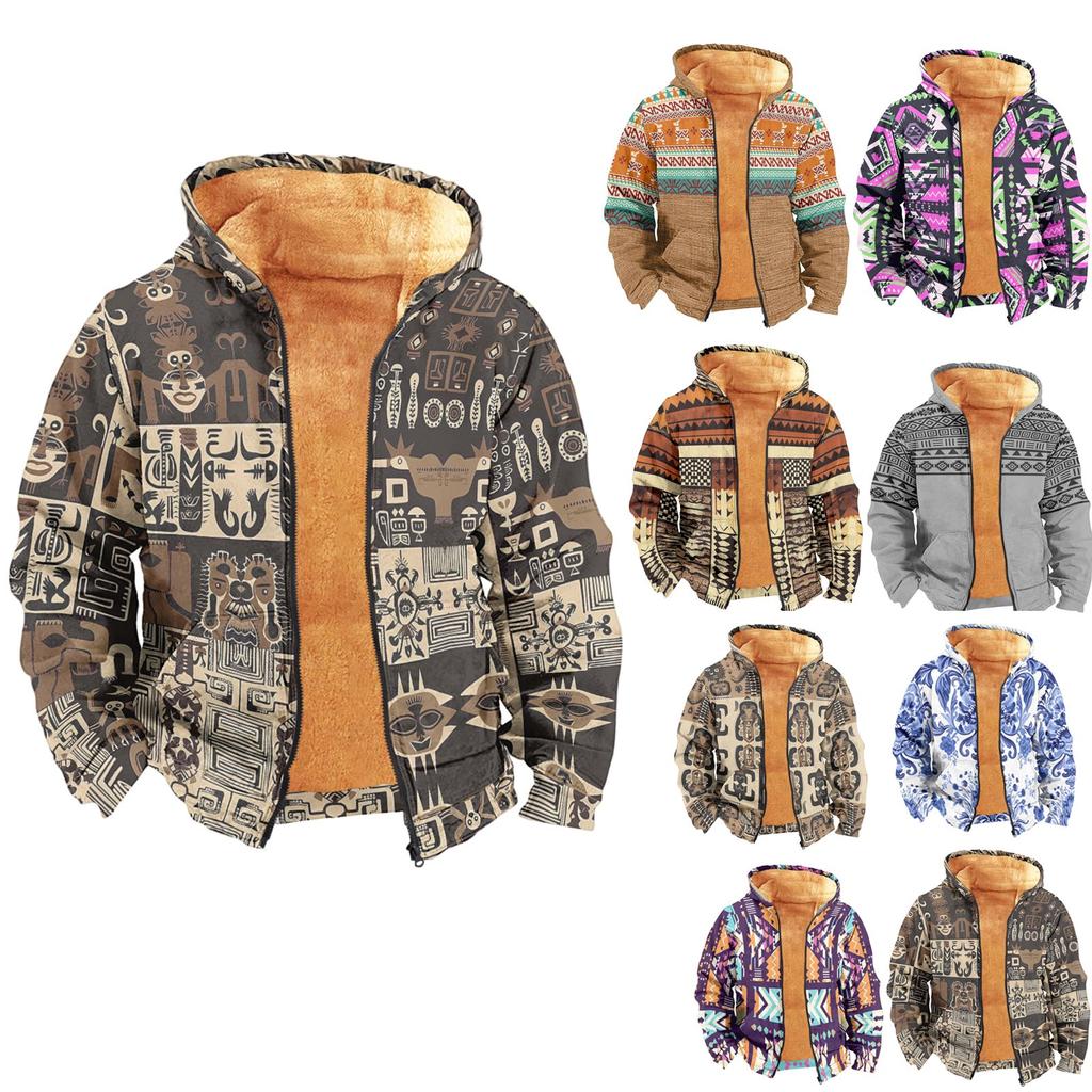 Men's Print Long Sleeve Pocket Coat Fashion Plus Velvet Overcoat